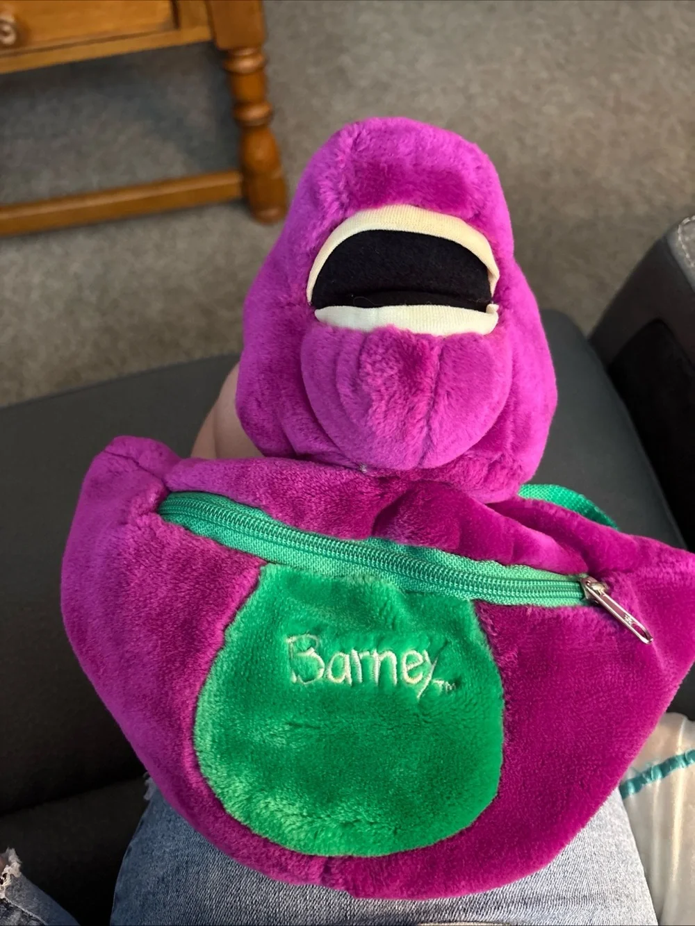 Kids Plush Purple Barney Waist Bag with Green Accent